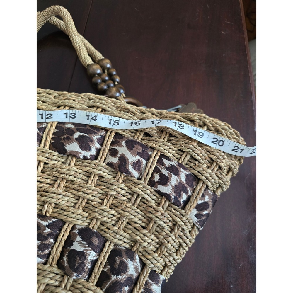 Magid Woven Straw Tote Bag Leopard Print Fabric Panels Wooden Beads Ring Handles - Picture 6 of 9